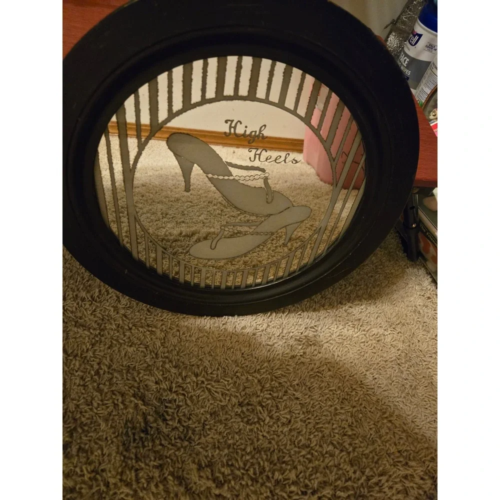 Vintage Round High Heels‎ Etched Wall Mirror Black Frame Art Deco Style Vanity